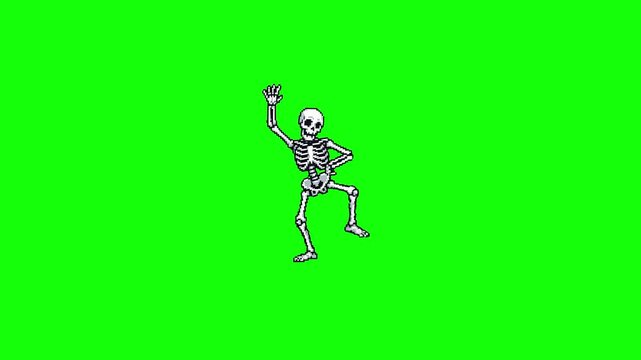 A playful 2D cartoon skeleton character performing a joyful, energetic dance on a solid chroma key green screen. This loop is ideal for children's Halloween videos, animated comedy clips, and festive 