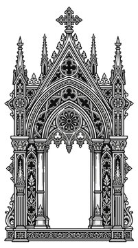 Ornate Gothic Arch Tattoo Design with Cross and Floral Motifs