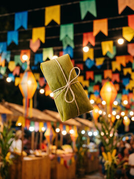 Brazilian pamonha corn snack floating by festa junina decor