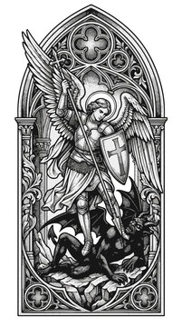 St Michael Slaying Dragon Gothic Arch Tattoo Design