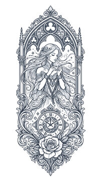 Elegant Gothic Arch Tattoo Design with Clock and Rose