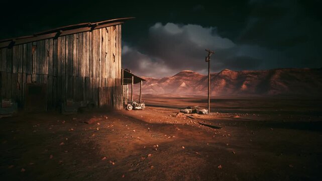weathered shelter on barren plain beneath ominous storm clouds, telephone pole, scattered crates, textured dirt, cinematic contrast, heavy atmosphere suggesting