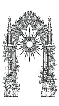 Gothic Arch Tattoo Design with Sun and Ivy Botanical Elements