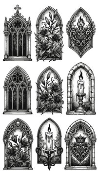 Gothic Arch Tattoo Designs Featuring Lilies Candles and Hearts