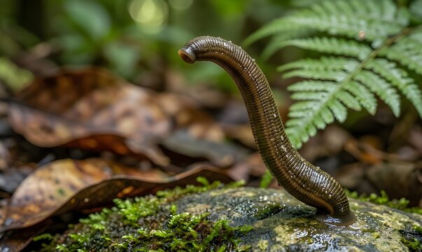 tropical rainforest leech standing erect and searching for food on a mossy rock