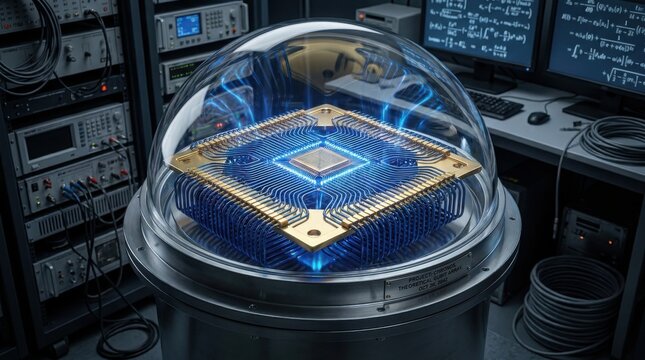 Quantum computer processor with intricate glowing blue superconducting circuits under a glass dome in a research laboratory setting with monitors showing scientific formulas.