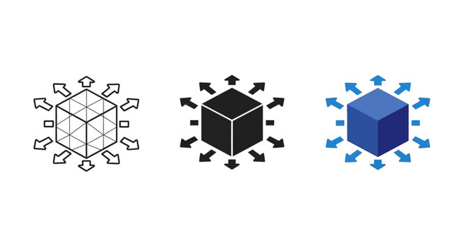 Abstract digital icon of a cube with spreading arrows, symbolizing data expansion, system scalability, growth, and distribution for technology and business applications and solutions