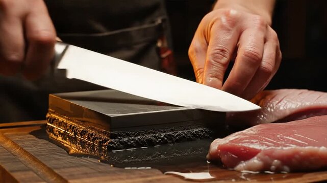 Chef searing duckling breast on a wooden board with a sharp knife