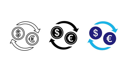 Obraz premium Global currency exchange icon set with dollar and euro coins and arrows, representing international financial transactions, money conversion, and economic interaction for business