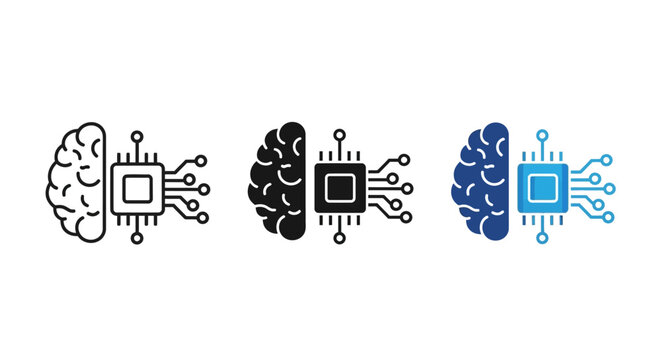 Artificial Intelligence and Machine Learning Icon representing a human brain integrated with a microchip, symbolizing technology and innovation