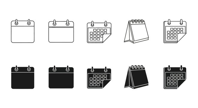 Collection of five distinct calendar icons, showcasing both outline and filled styles, with some pages turned to indicate upcoming dates