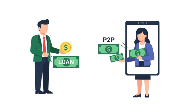 Peer to peer lending concept vector illustration with man and woman transferring money online. EPS Editable. Vector Illustrations.