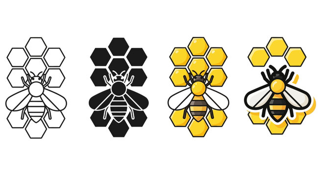 Modern collection of bee and honeycomb icons in distinct styles outline, solid black, and vibrant yellow. Ideal for nature, apiary, and honey-themed graphic elements