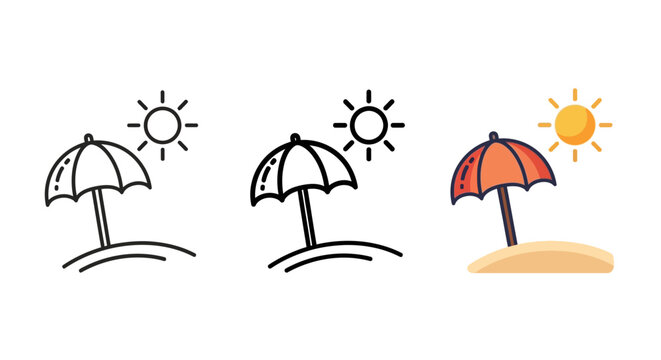 Vibrant collection of beach umbrella and sun icons, available in outline, solid, and full-color styles, perfect for summer vacation, travel, and sunny holiday designs