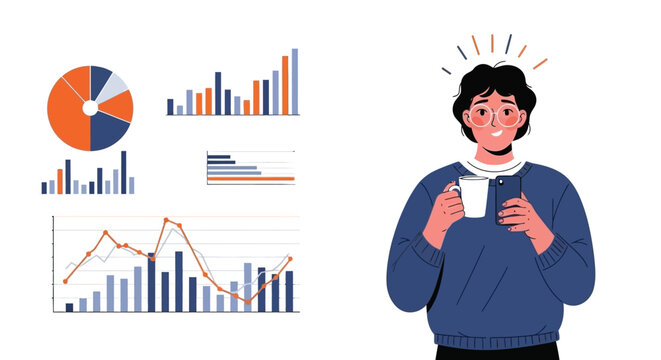Surprised young businessman holding coffee mug next to financial data charts and business graphs. EPS Editable. Vector Illustrations.