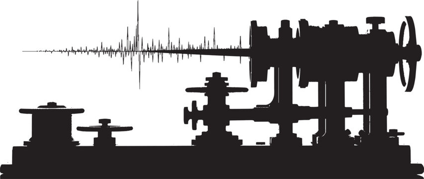Silhouette of an antique telegraph machine with a signal waveform vector art