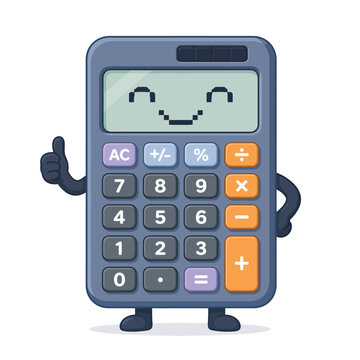 A cartoon calculator character giving a thumbs up on a white background