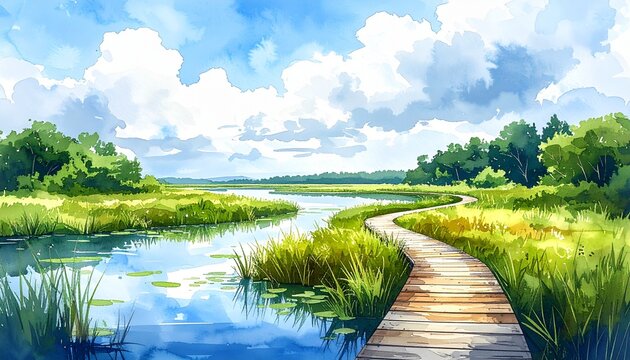 湿原と木道の環境水彩ポスター背景