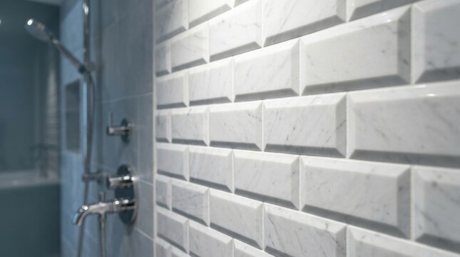 Close-up of beveled white marble subway tiles in a modern luxury bathroom shower with chrome fixtures in the background and natural grey stone veining on the polished wall surface.