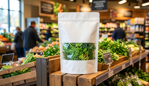 Eco friendly stand up doypack pouch with transparent window mockup containing fresh salad greens on supermarket shelf
