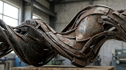 Fototapeta premium Abstract twisted metal sculpture with rust texture in a workshop setting