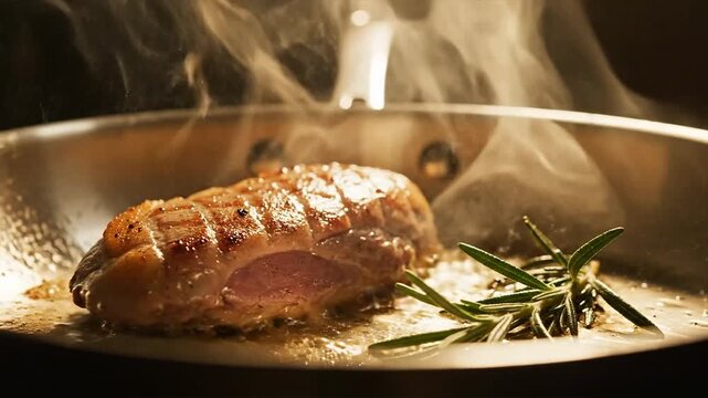 Searing duckling breast in a culinary pan with rosemary.