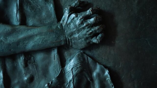 A close up shot of the historic bronze relief doors depicting religious figures, transitioning to a low angle view of the majestic columns at Saint Peters Basilica, Rome.

