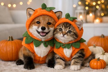 Obraz premium Fox cub and tabby kitten wearing pumpkin costumes for Halloween. Small animals dressed in cute outfits sitting with pumpkins. Autumn holiday celebration concept for seasonal photography