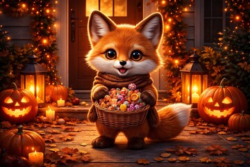 Obraz premium Cute fox character holding basket full of colorful candy for Halloween celebration. Adorable animal with pumpkins and glowing lanterns on wooden porch. Autumn festive holiday concept