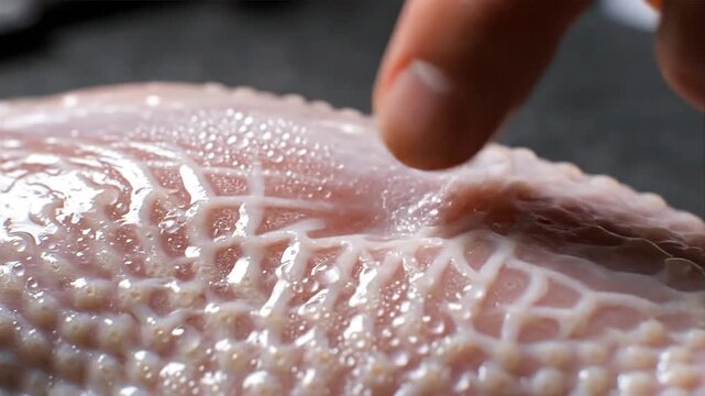 A chef's thumb pressing the skin of a fresh duckling breast before searing it for a culinary dish in a kitchen.