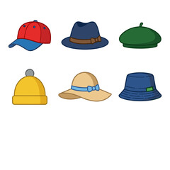 Fototapeta premium Collection of six different hats in various styles and colors vector illustration