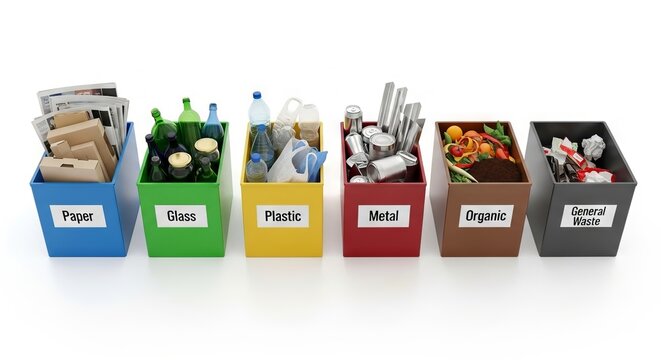 Sorting garbage bins for paper, glass, plastic, metal, organic and general waste. Color coded recycling containers for waste separation and environmental protection concept