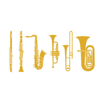 Collection of golden brass and woodwind musical instruments vector illustration
