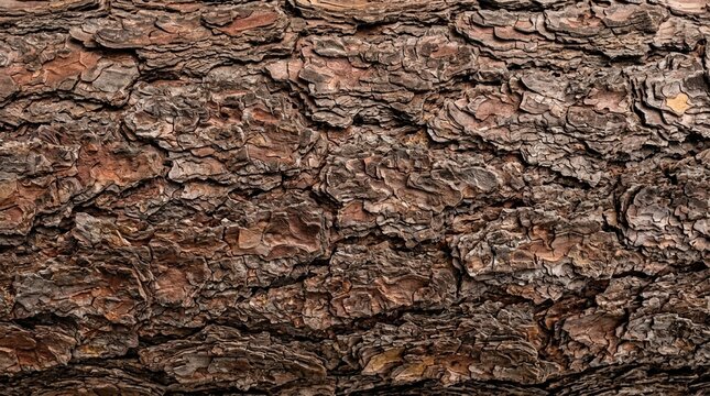 Detailed texture of a rough brown pine tree bark with deep fissures and natural patterns