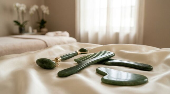 Set of polished green jade massage tools including a facial roller, gua sha stones, and a comb resting on cream silk fabric in a bright spa room with a blurred massage table.