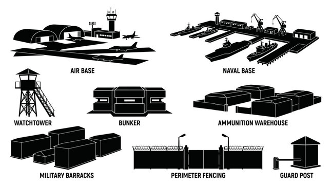 Military Base Infrastructure Silhouette Vector Icon Set, Army and Navy Black Symbols, Airbase, Port, Bunker, and Guard Post Elements