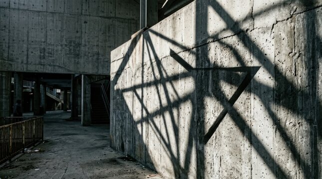 Geometric shadows cast on a weathered concrete wall in an urban underpass with stairs and structural pillars in a high-contrast industrial architectural setting.