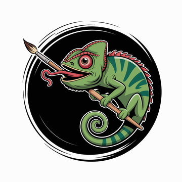Chameleon holding paintbrush in mouth.