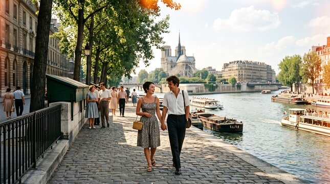 Parisian Romance by the Seine: A loving couple strolls hand-in-hand along the historic quayside of Paris, with the iconic Notre Dame Cathedral visible in the distance. Warm sunlight bathes the scene.