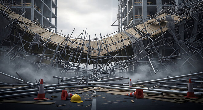 Dramatic scaffolding accident at a construction site showing a massive structural collapse of metal tubes a fallen scaffolding roof and scattered safety equipment in