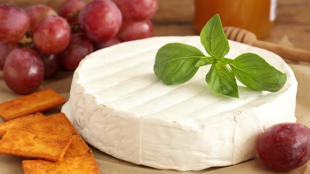 Woman putting basil sprig onto delicious brie cheese at table, closeup