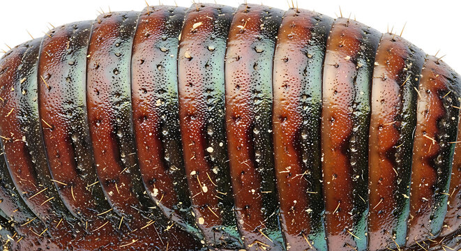 Extreme close-up of a giant millipede's segmented body with iridescent shell