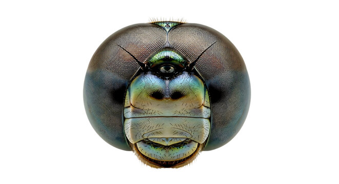 Extreme close-up of a dragonfly's iridescent compound eyes and face on a transparent background