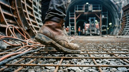 Fototapeta premium Focused shot of a worn leather boot navigating uneven rebar and gravel near tunnel formwork showcasing strong textures and blurred industrial equipment in the lowangle background