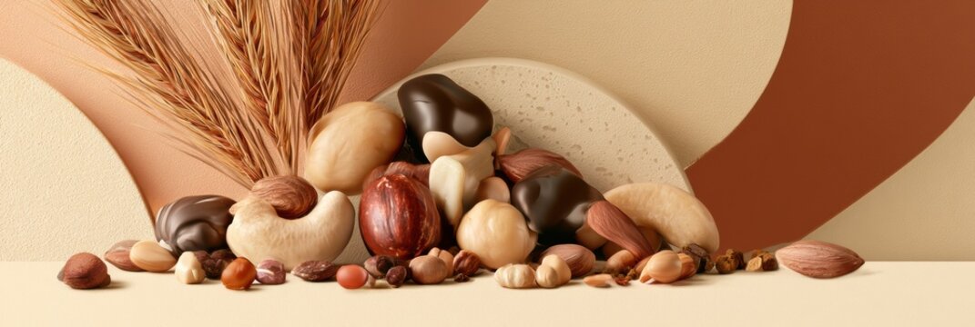 An arrangement of different protein snacks set on a warm neutral backdrop showing various shapes and textures with considerable empty space around