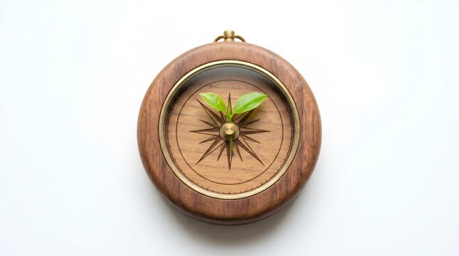 Vintage wooden compass with green leaves representing sustainable navigation and eco-friendly direction