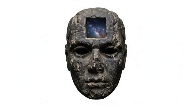 Surreal stone mask with galaxy universe inside human mind