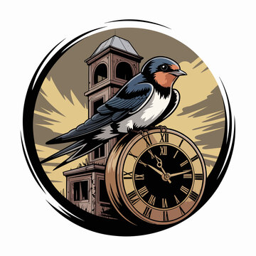 Swallow Bird Perched on Clock Face.