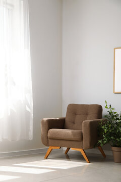 Cozy brown armchair and houseplant near window