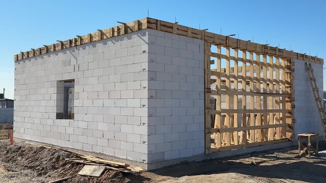 Aerated concrete cottage under construction wooden decking and exposed timber framing under clear blue sky, rubble and gravel